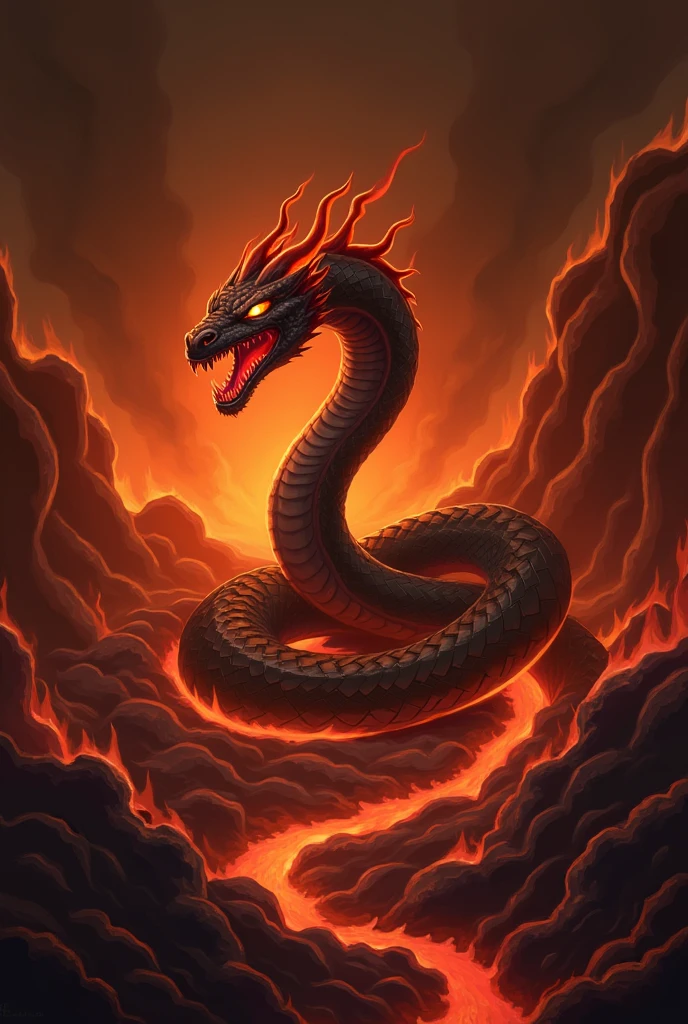 Design a 2D stylized illustration of 'Viper,' a serpent-like creature of the fire element. Viper should be coiled and ready to strike, with flames emanating from its scales. The background should feature a molten, lava-filled environment with fiery pits and glowing rocks, creating a dangerous and intense atmosphere that highlights the serpent's lethal nature. The scene should be both ominous and captivating, reflecting the danger of the fire element.
