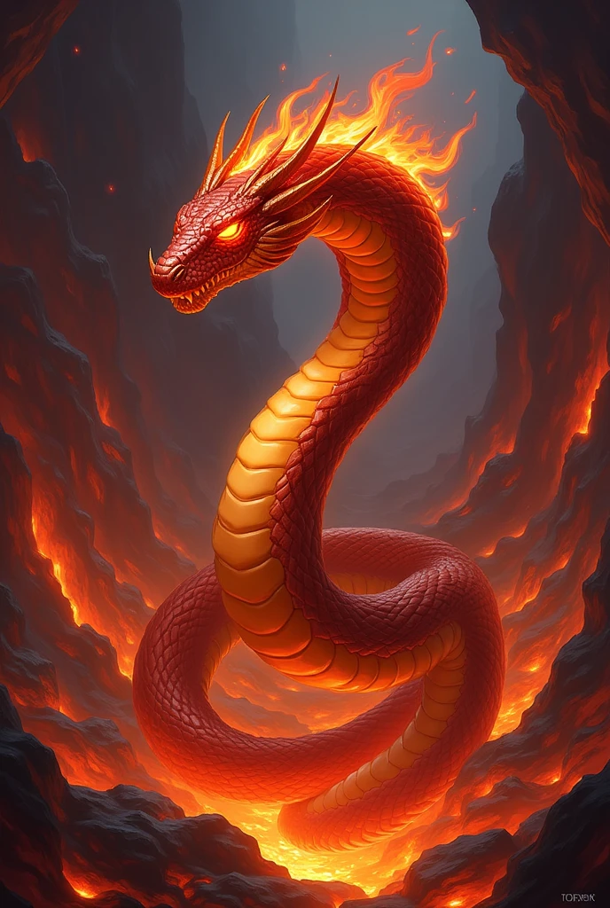 Design a 2D stylized illustration of 'Viper,' a serpent-like creature of the fire element. Viper should be coiled and ready to strike, with flames emanating from its scales. The background should feature a molten, lava-filled environment with fiery pits and glowing rocks, creating a dangerous and intense atmosphere that highlights the serpent's lethal nature. The scene should be both ominous and captivating, reflecting the danger of the fire element.
