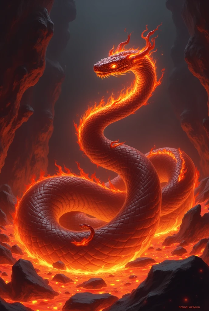 Design a 2D stylized illustration of 'Viper,' a serpent-like creature of the fire element. Viper should be coiled and ready to strike, with flames emanating from its scales. The background should feature a molten, lava-filled environment with fiery pits and glowing rocks, creating a dangerous and intense atmosphere that highlights the serpent's lethal nature. The scene should be both ominous and captivating, reflecting the danger of the fire element.