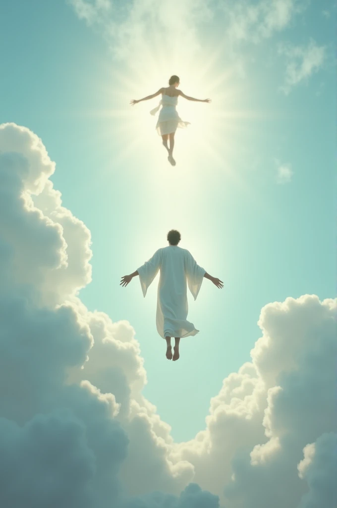 Create person floating towards the sky and a person dressed in white floating and the sky and laminate