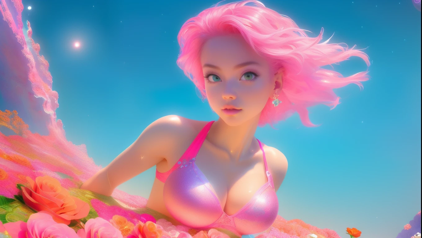 (best quality, ultra-detailed, photorealistic: 1.39), bright and vibrant colors, studio lighting, Red moon, sky shooting stars, soft azure clouds, sparkling, sparkling neon green ocean waves, pink roses in the pink ocean, fantasy, diamond, crown, universe, soft lights, sparkling eyes, cute biquini, cute biquini, within the vast ocean, (masterpiece:1.2), (best quality), 4k, ultra-detailed, (dynamic composition:1.4), highly detailed, colorful details,( iridescent colors:1.2), (glowing lighting, atmospheric lighting), dreamy, magical, (solo:1.2) fluorescent pink hair, small breasts, hair, city, front pose, cleavage, bathtub of red roses, heart world
