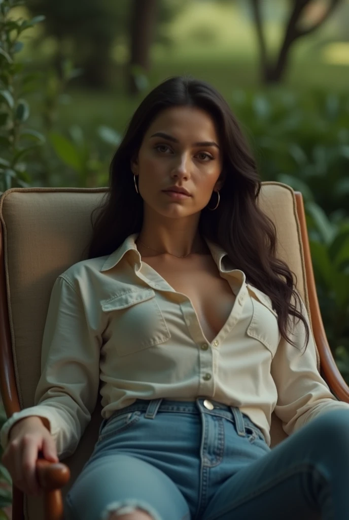 movie cinematográfica foto cinematográfica impresionante score_9, score_8_up, score_7_up, BREAK, 8k, masterpiece, high quality, long dark brown hair, collar, hoop earrings, thigh strap, shirt and jeans, skin pores, lying in a comfortable chair, garden, Very detailed, Detailed Latin brown skin, depth of field, granulated de la movie, Very detailed, detailed skin, depth of field, granulated de la movie, . awarded, professional y Very detailed. 35mm photography, movie, bokeh, professional, 4k, very detailed. poca depth of field, vignette, very detailed, movie de Hollywood de alto presupuesto, bokeh, cinemascope, temperamental, epic, wonderful, grano de movie, granulated