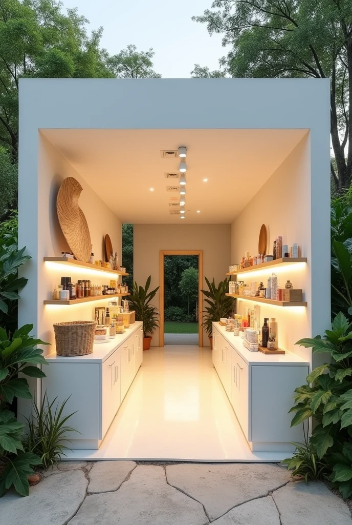 CREATE A STORE WITH OBOTICARIO OFFICES, nature, AVON AND EUDORA MAKE IT SIMPLER, ONLY WITH ELECTRIC LIGHTING REMOVE PLANTS, LEAVE THE SOLE ROOF CLOSED, PLACE THE SIDE WALLS AND CEILING WHITE, ALSO INCLUDE AN AREA FOR AVON