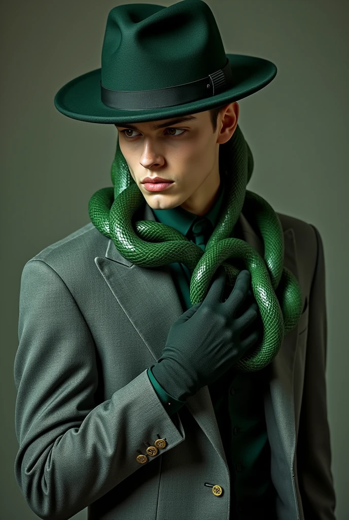 Young man in grey and dark green suit ,green hair made of snakes and hidden under a hat and gloves on his hands, snakes only in their hair not on their body, the snakes hidden in his hat