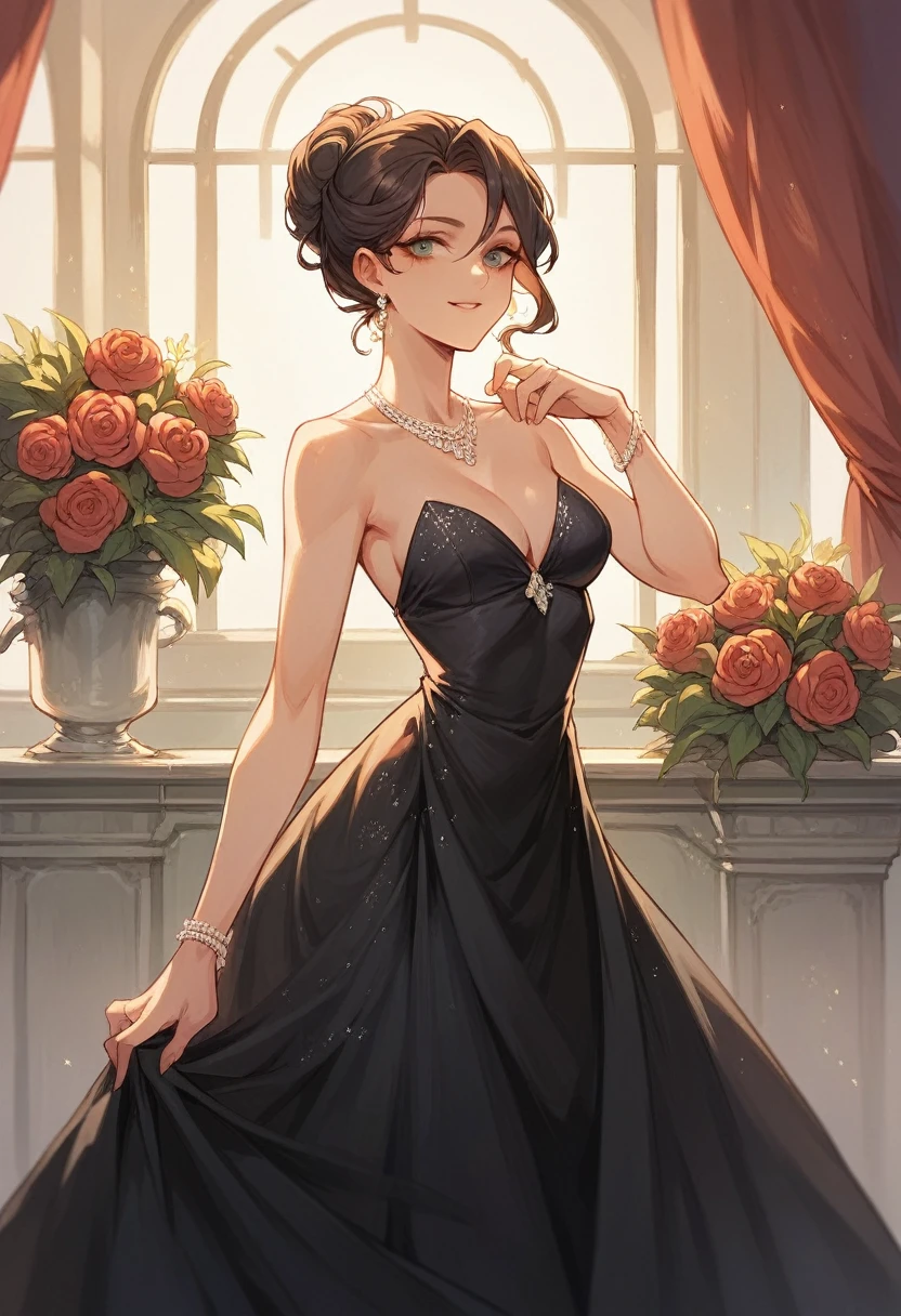 Woman in elegant black dress at a fancy party 