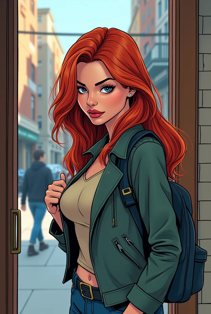 new modern style comics books, Close up of Mary Jane walking out the door wearing a backpack.