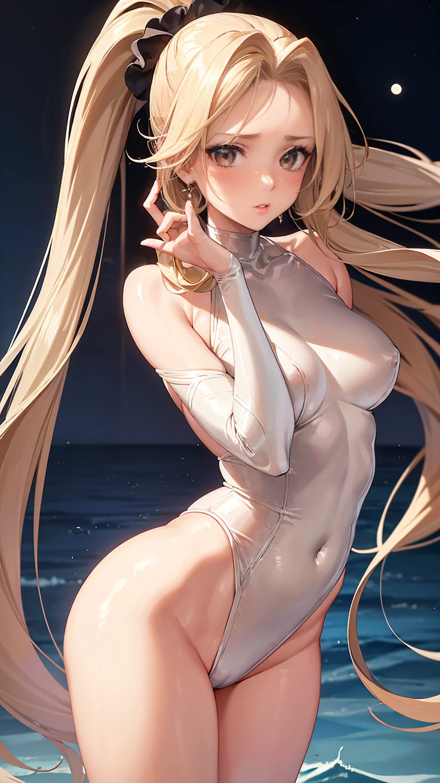 A beautiful and glamorous woman with long blonde hair tied into a ponytail with a scrunchie, brown eyes, small silver earrings, light brown blush on her cheeks, thin lips, thin fabric Bodysuit, high-definition, natural light, a shining moon reflecting off the sea surface.