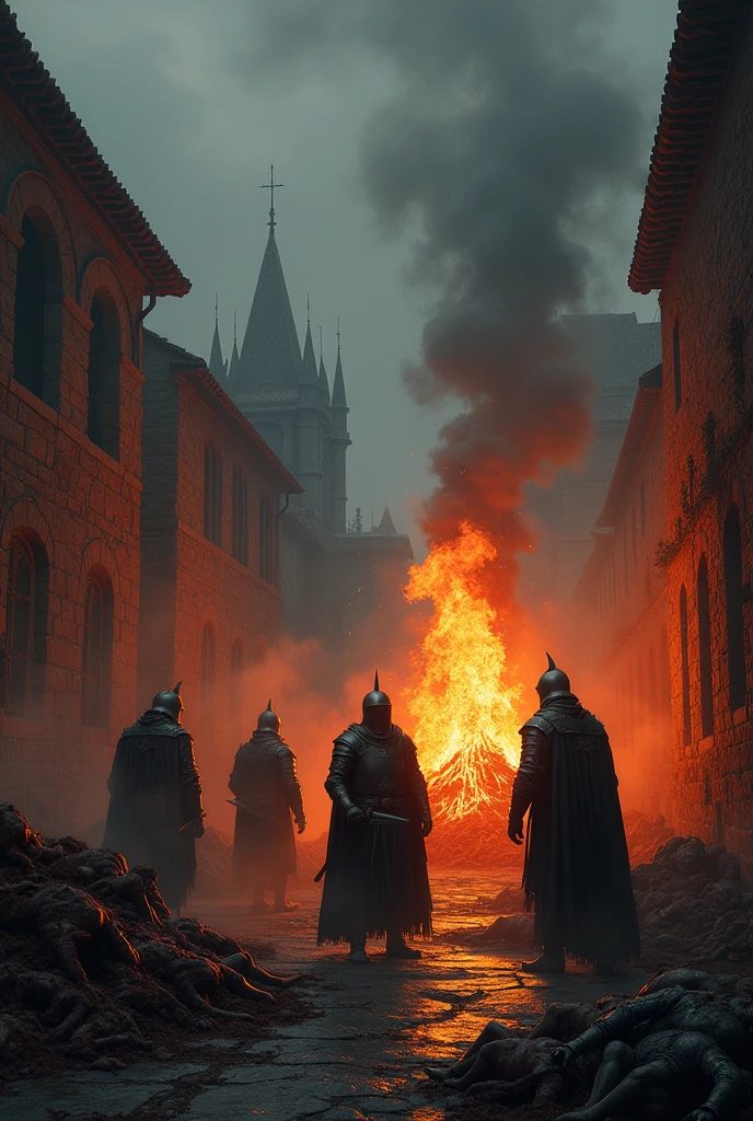 Knights torching piles of bodyes in a gothic medieval town