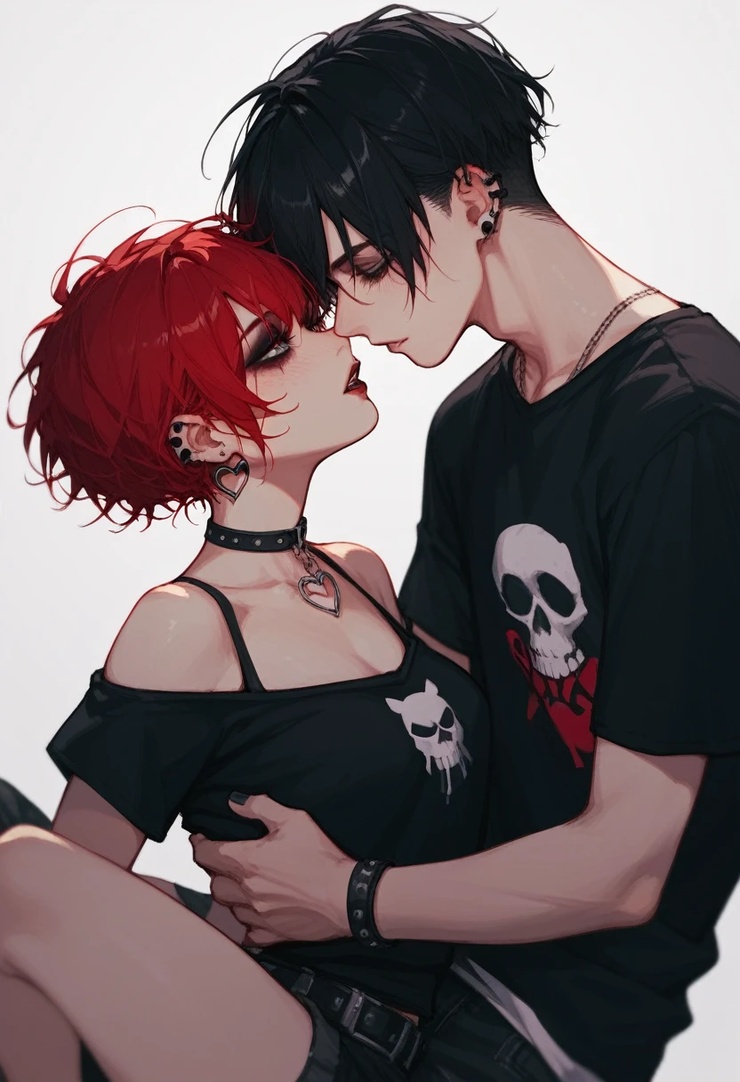 couple,emo,girl,red hair,boy black hair