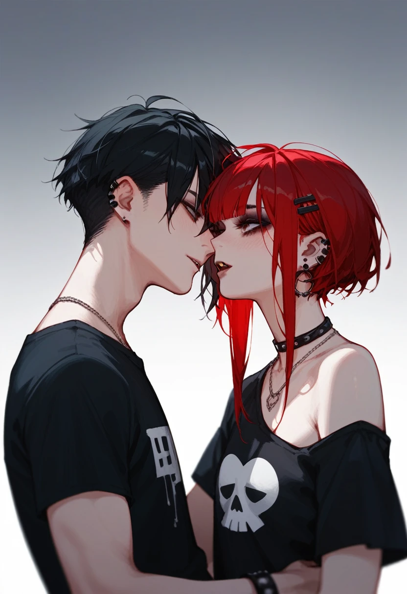 couple,emo,girl,red hair,boy black hair