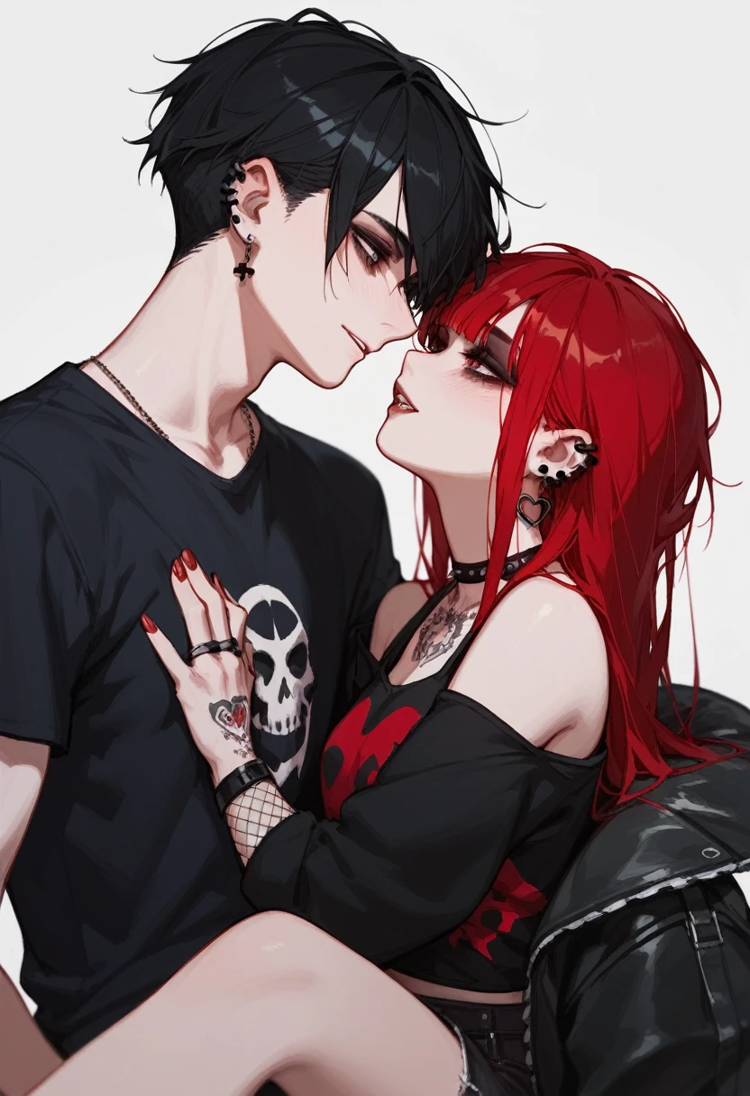 couple,emo,girl,red hair,boy black hair
