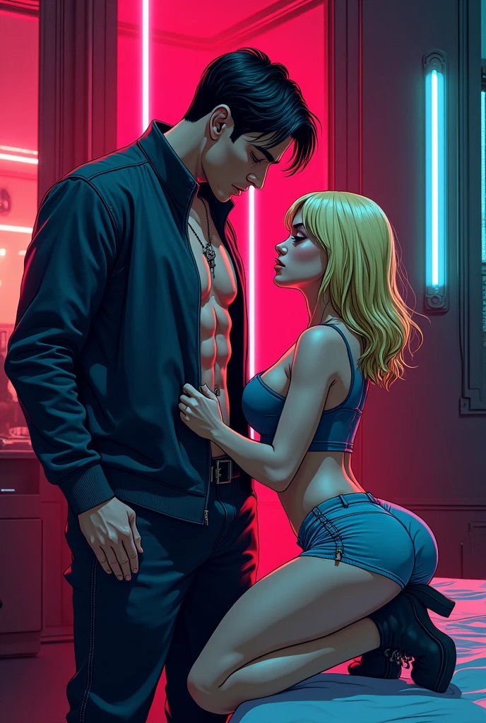 cartoon style more cyberpunk Man and woman in hot erotic scene, man standing, woman kneeling unzipping, both dresses, man with a normal body without definition, blonde woman, short and chubby, in a dimly lit room, pop art, neo noir, comic