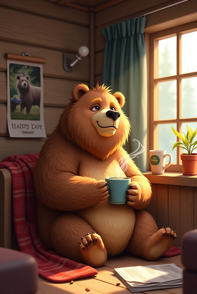 create a drawing of a brown bear drinking coffee