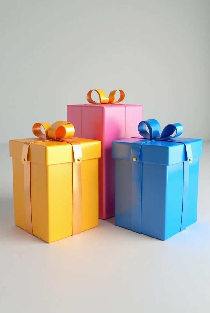 Make me three gift boxes, one yellow, one pink and one blue..