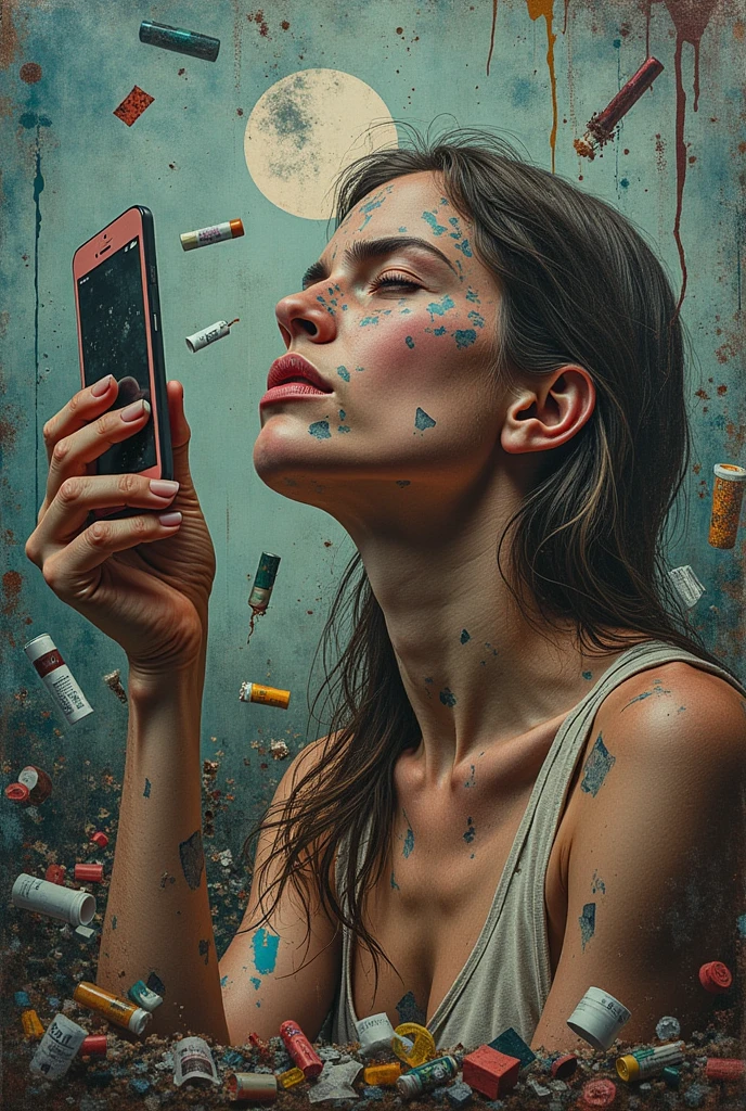 Create a collage about addictions: alcohol, drugs, cell phones
