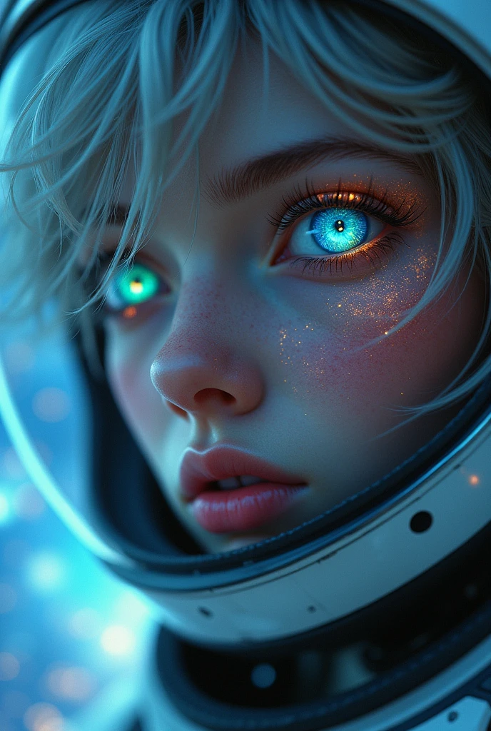 (Close-up of a better masterpiece:1.5)0.9], (Space and astronauts:1.2) (Messy silver hair:1.1) (Heterochromia xanthochromia and blue eyes:1.2) (Space Helmet:1.0) (Colored stars in the eyes:1.0) (A radiant glow:1.1) (thick lips:0.9)