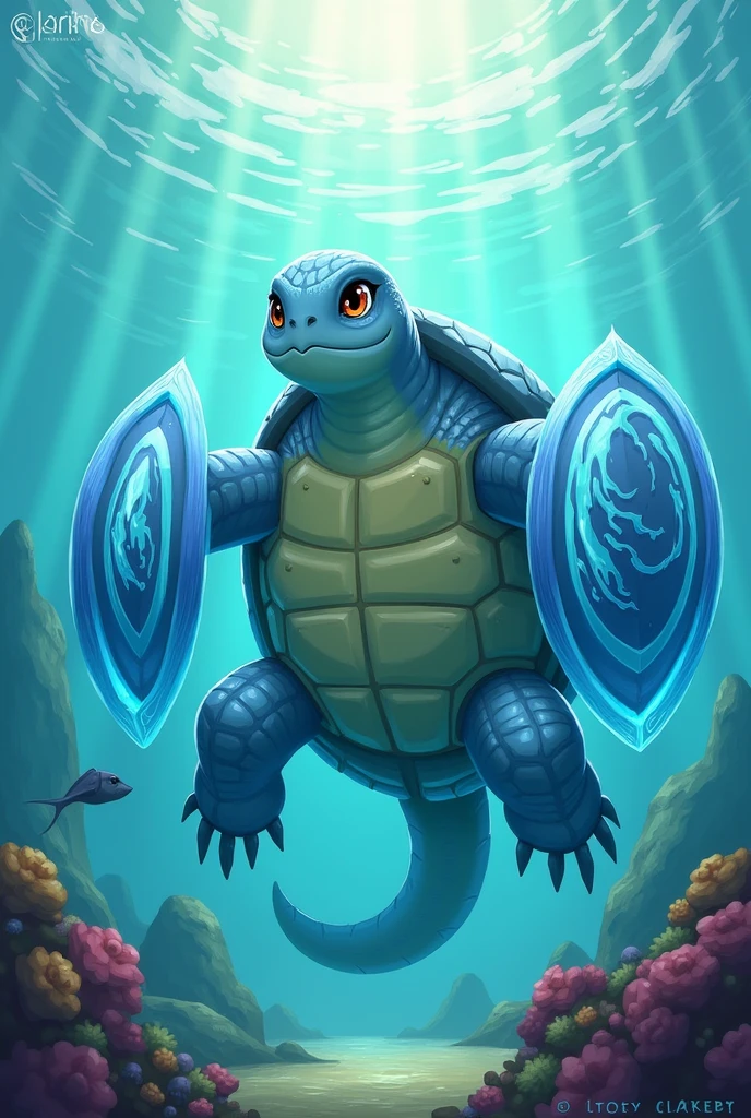 Design a 2D stylized illustration of 'Tide,' a turtle-like creature embodying the water element. Tide should be in a defensive pose, with water shields surrounding it. The background should feature an underwater environment with serene waves, coral reefs, and rays of sunlight filtering through the water, creating a calm and protective atmosphere that aligns with Tide's defensive role. The scene should be peaceful yet powerful, reflecting the strength of the water element.
