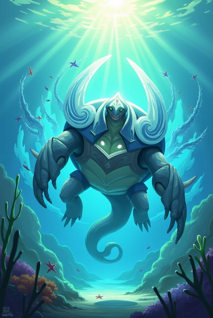 Design a 2D stylized illustration of 'Tide,' a turtle-like creature embodying the water element. Tide should be in a defensive pose, with water shields surrounding it. The background should feature an underwater environment with serene waves, coral reefs, and rays of sunlight filtering through the water, creating a calm and protective atmosphere that aligns with Tide's defensive role. The scene should be peaceful yet powerful, reflecting the strength of the water element.