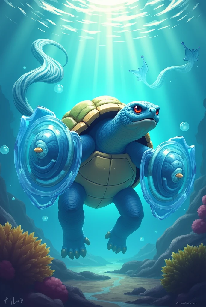 Design a 2D stylized illustration of 'Tide,' a turtle-like creature embodying the water element. Tide should be in a defensive pose, with water shields surrounding it. The background should feature an underwater environment with serene waves, coral reefs, and rays of sunlight filtering through the water, creating a calm and protective atmosphere that aligns with Tide's defensive role. The scene should be peaceful yet powerful, reflecting the strength of the water element.