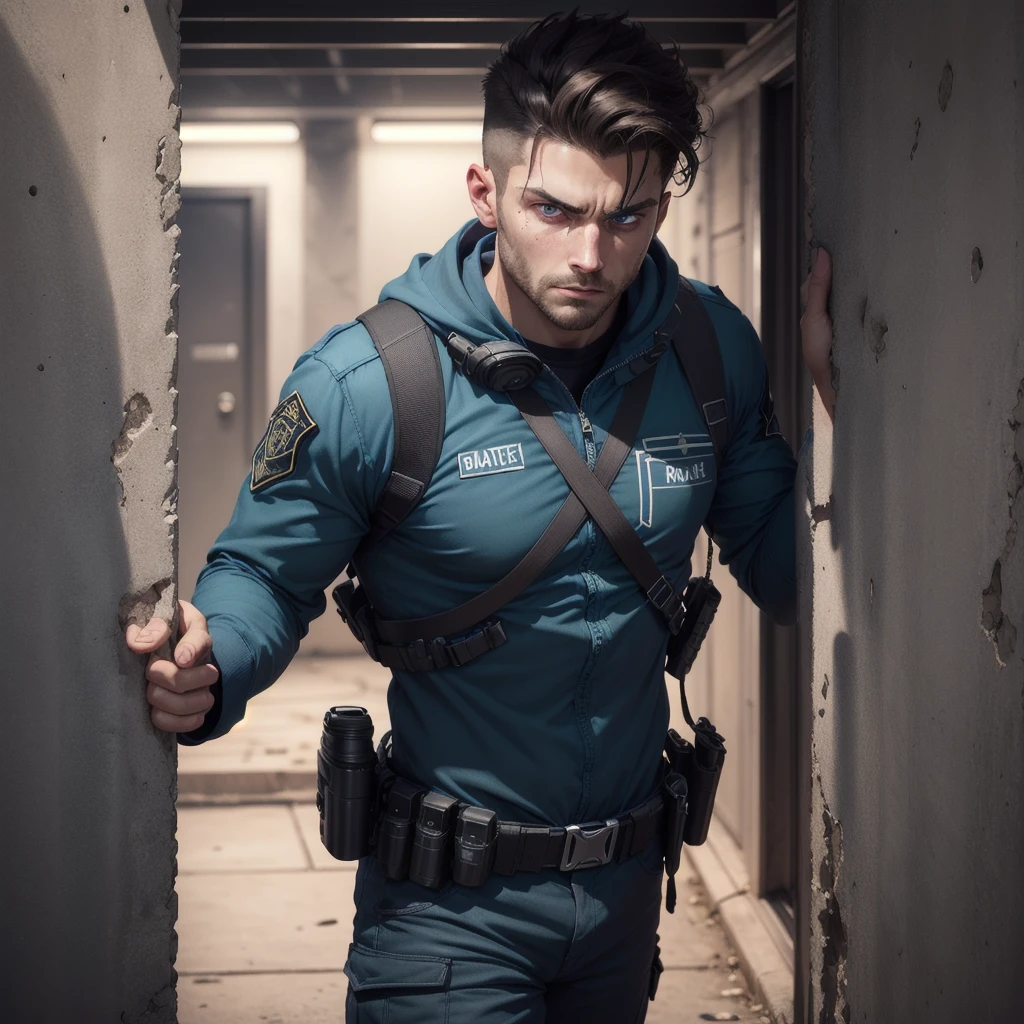"Create a photorealistic illustration of a striking-looking white man holding a gun in a dark, underground environment.

The man has angular and striking facial features, with intense blue eyes that convey an expression of alert and concern. His dark hair is short on the sides, revealing his masculine beauty. His body is athletic and muscular, wearing a black SWAT uniform that highlights his strength and preparation.

He is in an underground environment, possibly a basement or tunnel, with stone or concrete walls that create a feeling of confinement and isolation. The lighting is dim and shadowy, casting unsettling shadows across the character's tense face.

His posture is tense and prepared, holding a firearm tightly with steady hands, ready to react to an imminent threat. His face reveals an expression of fright and concern, as if he were facing a dangerous situation.

The composition of the scene must convey a sense of urgency and tension, with the man in an alert position, ready for action. The lighting and color palette should create an oppressive and threatening atmosphere, accentuating the character's vulnerability.