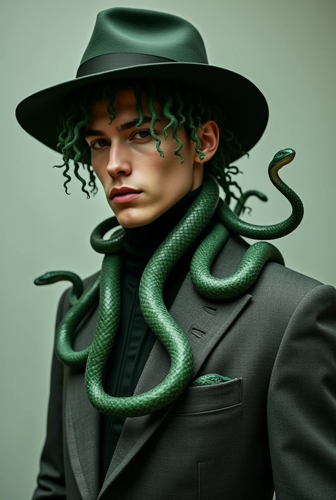 Young man in grey and dark green suit ,green hair made of snakes and hidden under a hat and gloves on his hands, snakes only in their hair not on their body, the snakes hidden in his hat