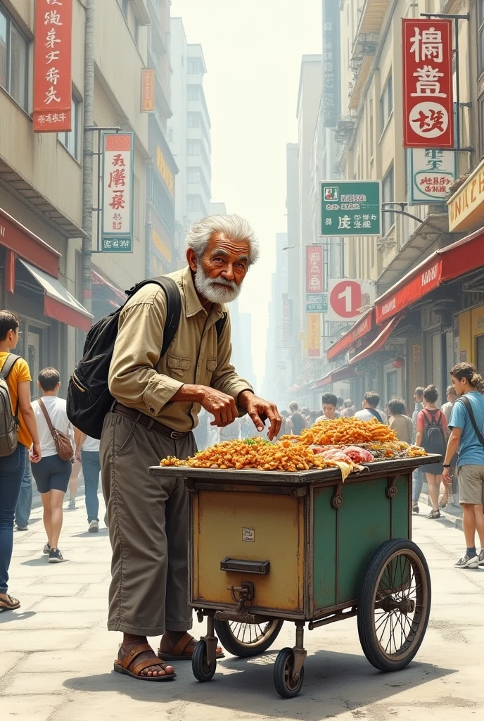Drawing of an old man selling food from a food cart