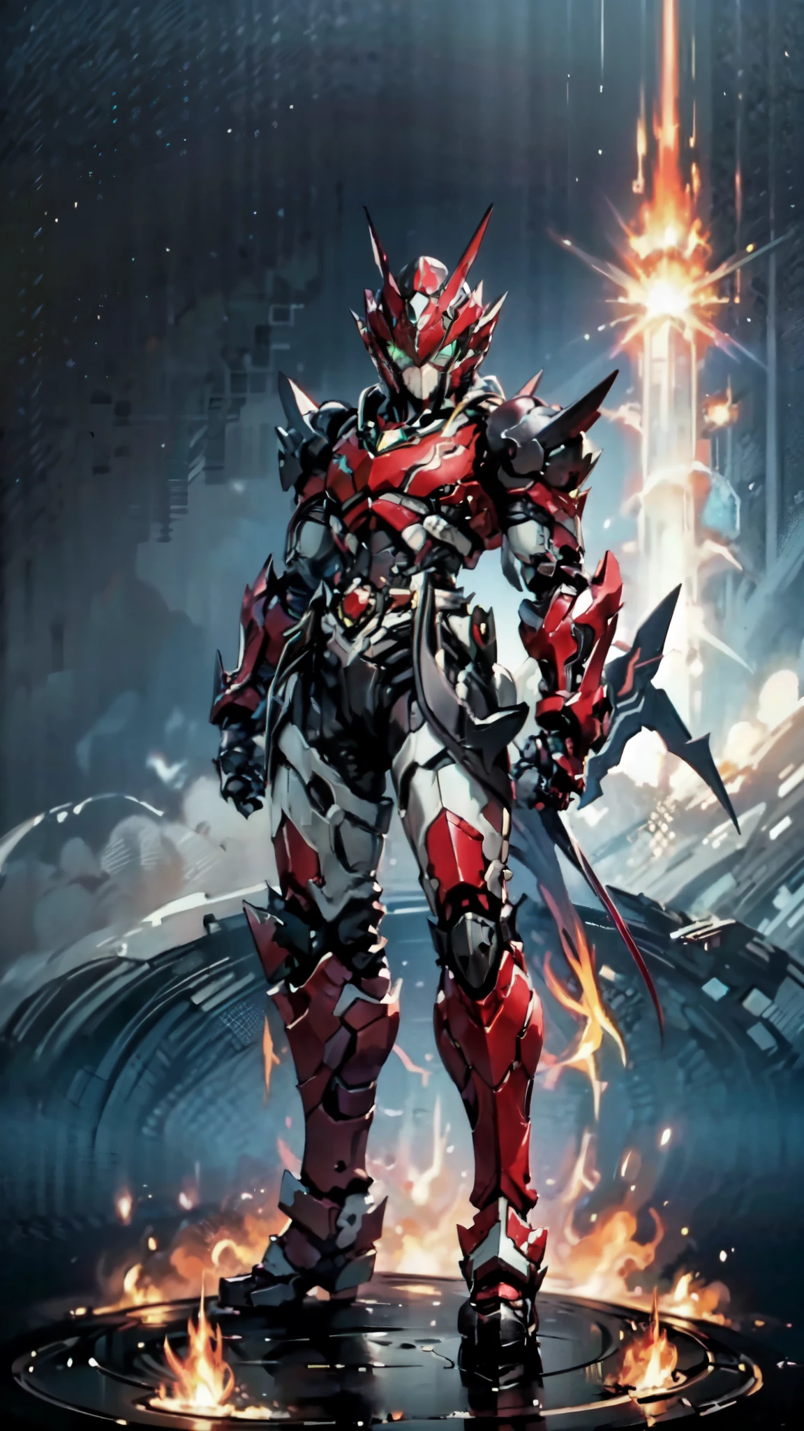 (masterpiece:1.5, best quality:1.5, extremely delicate:1.5), a man wearing a full-face helmet, a fantasy-style biotech armored combat suit, green eyes, (a composite layered chest armor), fully enclosed shoulder guards, matching arm and leg guards, belt of Neon circuit, (the color scheme is primarily black with green and red accents), the design balances heavy with agility, a high-tech bio-mecha armor, (Armor Concept Inspired by Batman, stand on the top of a skyscraper in a futuristic sci-fi city), this character embodies a finely crafted fantasy-surreal style armored hero in anime style, exquisite and mature manga art style, (element, plasma, energy, the armor glows), ((male:1.5)), metallic, high definition, highres, ultra-detailed, ultra-fine painting, professional, perfect body proportions, golden ratio, anatomically correct, symmetrical face, extremely detailed eyes and face, high quality eyes, creativity, RAW photo, UHD, 32k, Natural light, cinematic lighting, masterpiece-anatomy-perfect