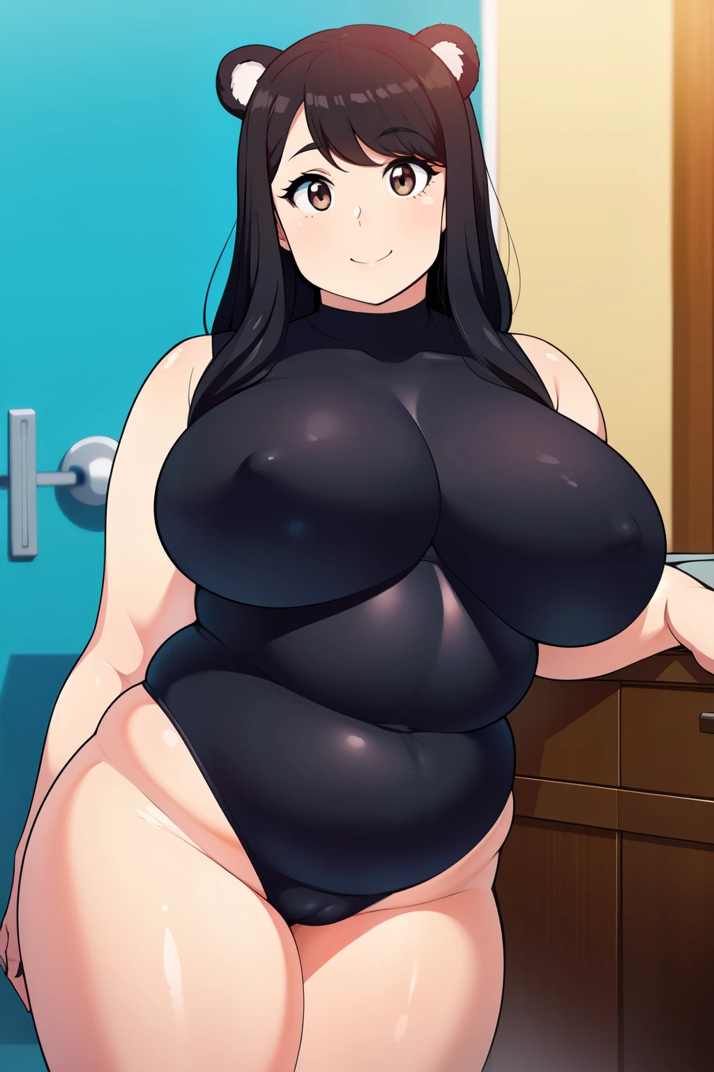 Plump year 21 big breasts black hair brown eyes chubby smile bear girl black leotard longer hair