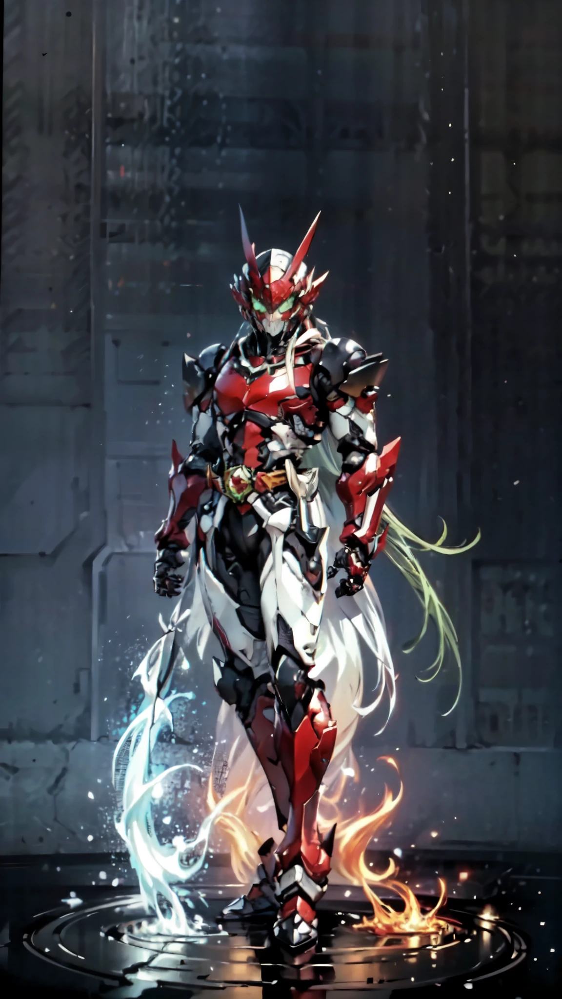 (masterpiece:1.5, best quality:1.5, extremely delicate:1.5), a man wearing a full-face helmet, a fantasy-style biotech armored combat suit, green eyes, (a composite layered chest armor), fully enclosed shoulder guards, matching arm and leg guards, belt of Neon circuit, (the color scheme is primarily black with green and red accents), the design balances heavy with agility, a high-tech bio-mecha armor, (Armor Concept Inspired by Batman, stand on the top of a skyscraper in a futuristic sci-fi city), this character embodies a finely crafted fantasy-surreal style armored hero in anime style, exquisite and mature manga art style, (element, plasma, energy, the armor glows), ((male:1.5)), metallic, high definition, highres, ultra-detailed, ultra-fine painting, professional, perfect body proportions, golden ratio, anatomically correct, symmetrical face, extremely detailed eyes and face, high quality eyes, creativity, RAW photo, UHD, 32k, Natural light, cinematic lighting, masterpiece-anatomy-perfect