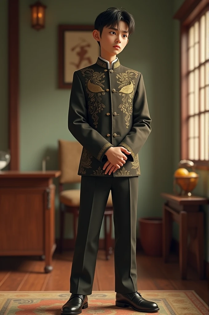 Create a butler of a small family aged 18 and frustrated, The clothing should be of the mid-century type and in Chinese style.