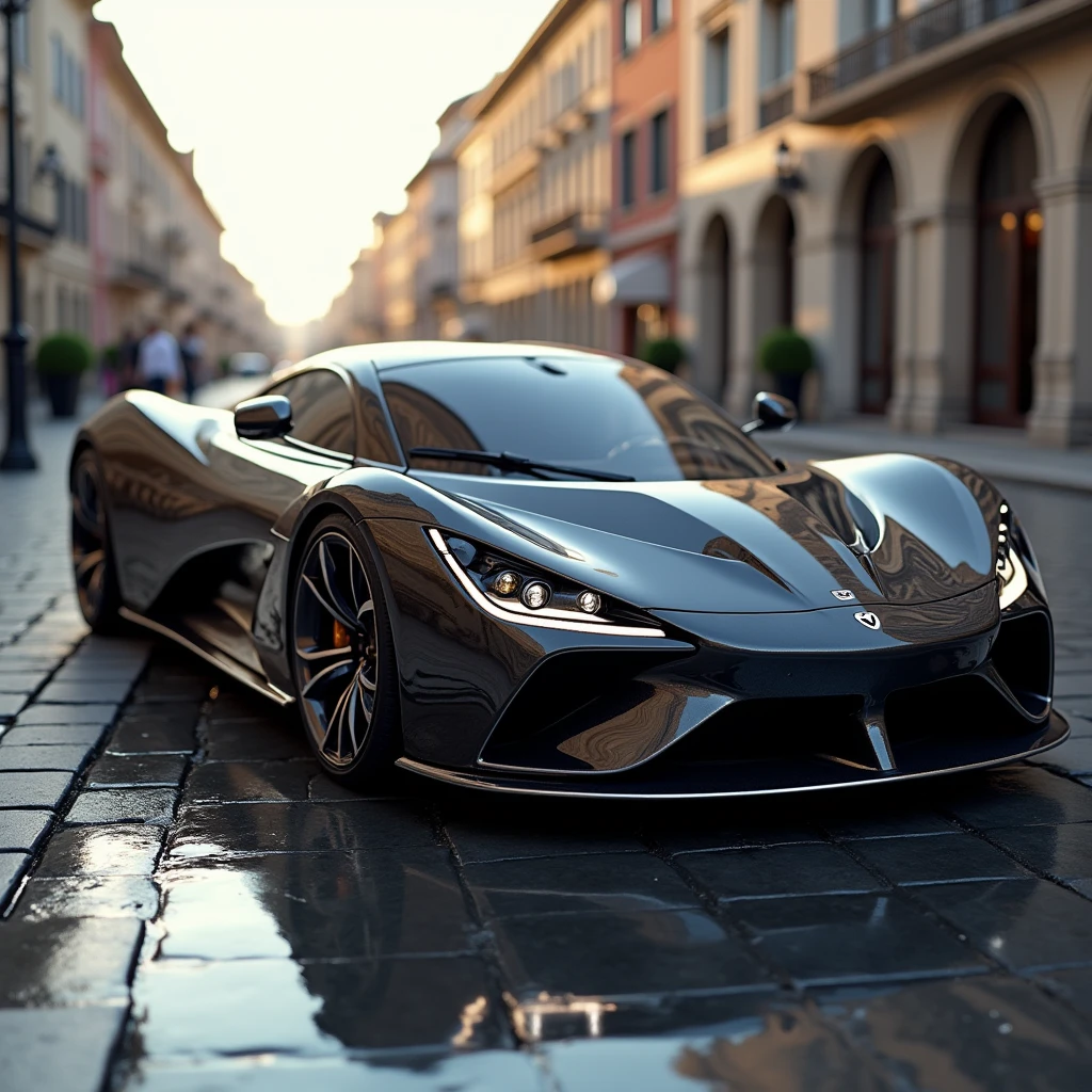 create a photo of a super expensive and very beautiful car on a street, the shine has to make the car beautiful, and the car has to be realistic and it has to be a little far away and to the side so you can see the whole car from the side