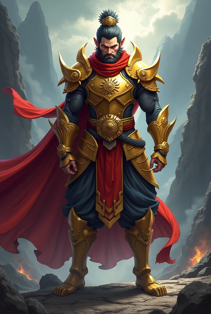 The Monkey King as if he were in a scene from the anime Demon Slayer, with the drawing style of the anime