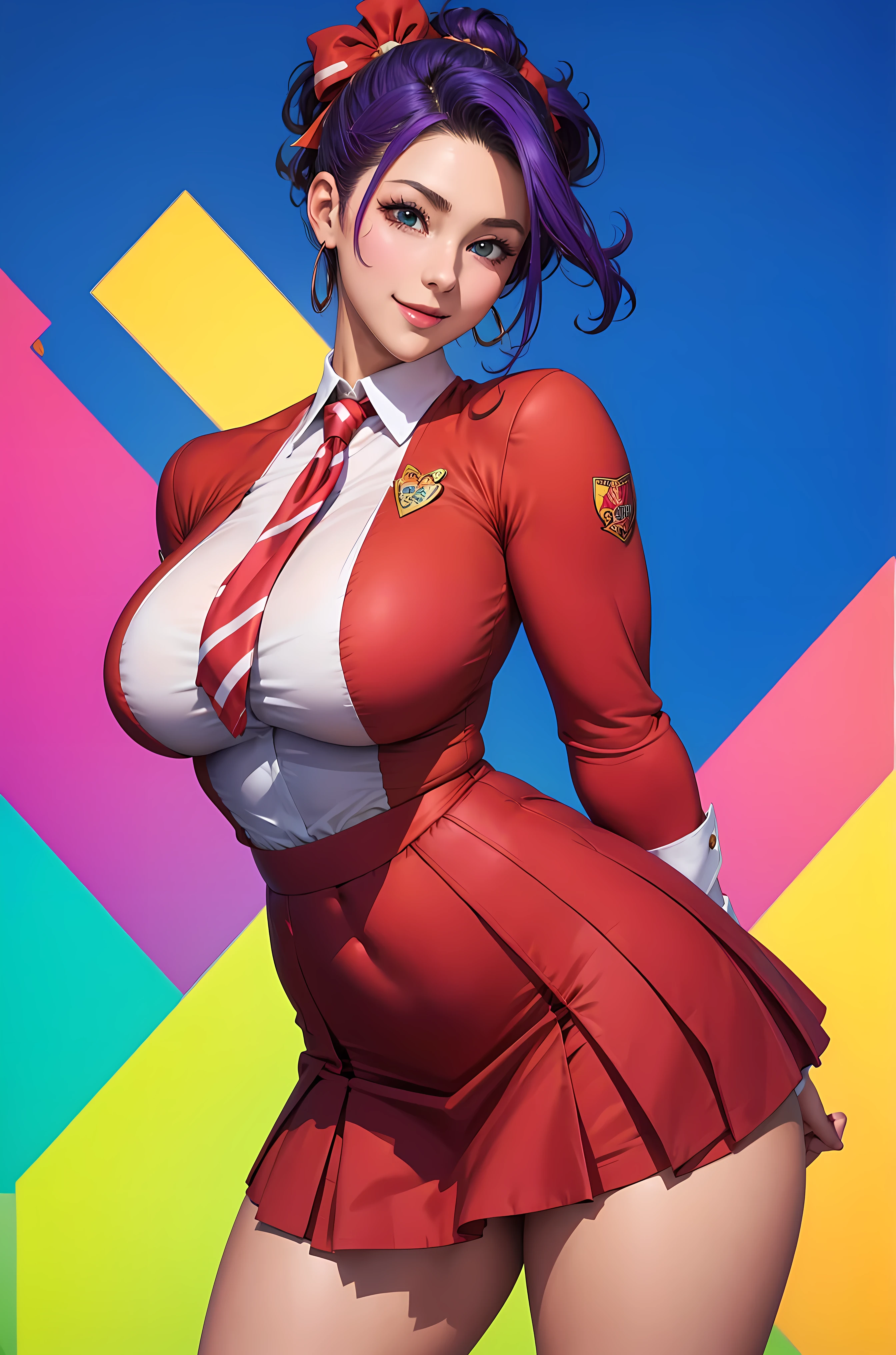 ((Mucha style)),(Vulgar),((JK girl)), open leg stand, (from thigh up),Too big,Pompadour,(Put your arms behind your back:1.2),((Sex addiction))((highschool uniform)), ((highschool skirt)) on (少し見えている panties), Half of it sticks out from the clothes,(High position:1.6),((Detailed face)) smile, ribbon, へそ, abs, 