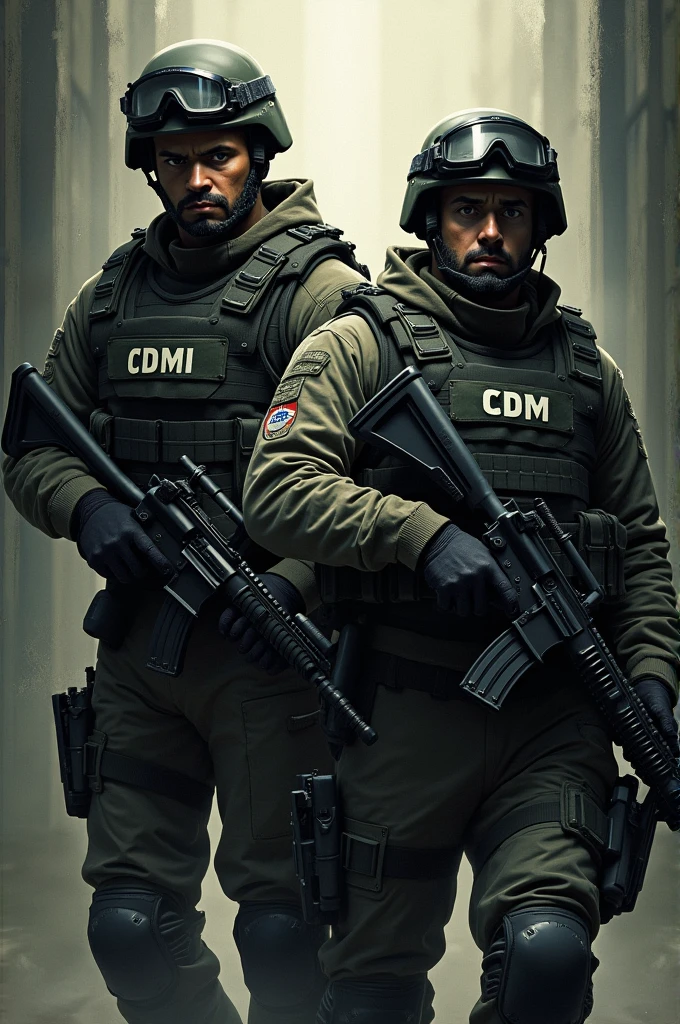A cover of a series of 2 soldiers with a vest written CDM and the title of the series is Comandos Da Morte