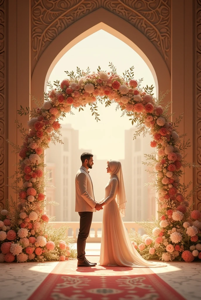 Muslim nikkah stage with flower divider with groom and bride