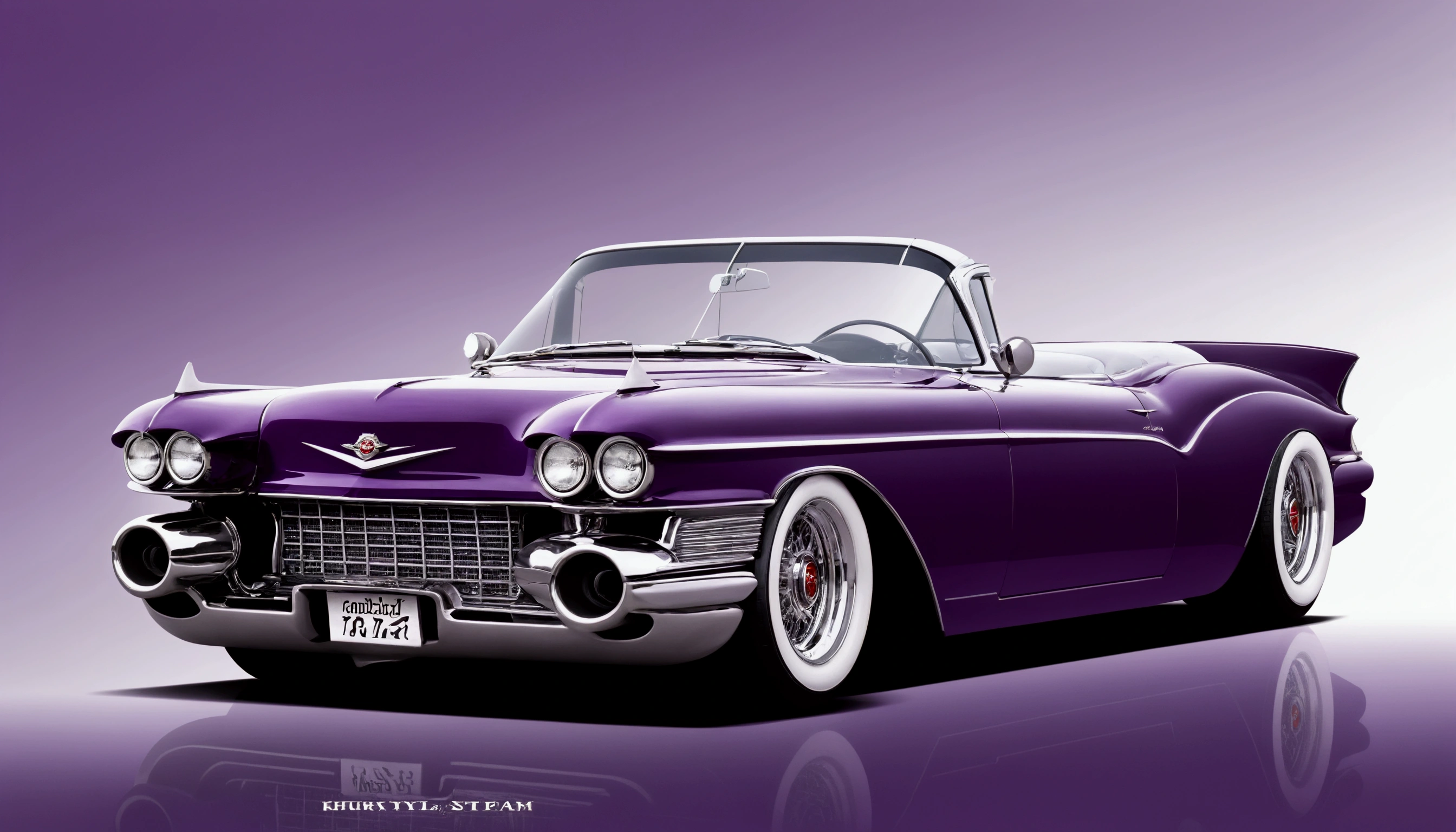 DIAGONAL and distant CAMERA, full image of A beautiful 18 year old girl driving inside a 1959 Cadillac Eldorado Biarritz convertible hot rod, COR silver chrome metallic reflective, METALLIC PURPLE COLOR, Hot rod style , film style stalone cobra, the painting reflects the sunlight, reflection of light shine on painting, It has a purple star wheel, It has a purple star wheel, thick and ridiculously wide and turned sports wheels, GOLDEN AND POLISHED WHEELS, It has gold wheels, ridiculously lowered front suspension, inside a garage with white walls, image in diagonal pose, ​masterpiece, whole image 