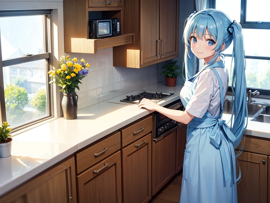 Light blue long hair、Beautiful girl with twin tails、Bright, sunny kitchen、There are lots of margaret flowers on the windowsill.、Wearing an apron, she is making a large visa.、A very bright smile