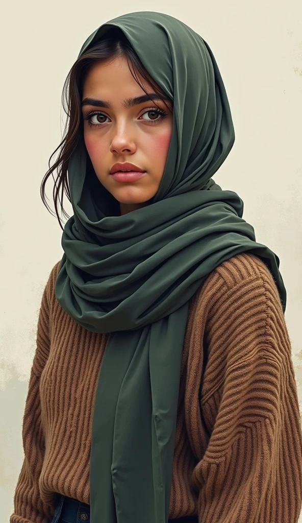 hyper realist), (illustration), (high resolution), (8k), (extremely detaild), (best illustration), mic , Kale, Kaledes, hijab pashmina, preto sweater