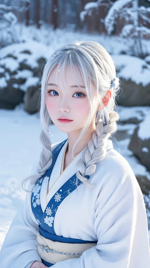幻想的で魅力的なSnow Womanのイラスト, Characters in Japanese folk tales, With a snowstorm and swirling snowy mountains in the background. She has been a long time, Her silver-and-white hair sparkles in the icy environment.., Make up for her paleness, Almost white and transparent skin. Her eyes are deep and captivating, Reflecting the cold beauty of her surroundings. She is wearing a traditional Japanese kimono., White with subtle blue patterns.。, Blending into the snowy scenery. Snow Woman'The pose is elegant and mysterious.., Embodying the thrilling charm of the snow spirit. The overall atmosphere of the illustration is mysterious and beautiful.., In a snowstorm、Capturing the essence of a legendary figure,