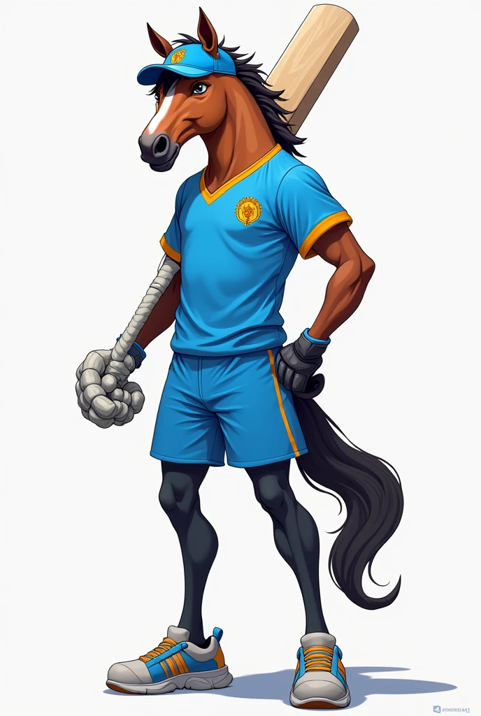 man with horse head, wearing a blue jersey and a blue cap, with human hands and legs, holding a cricket bat in hand, anime style 