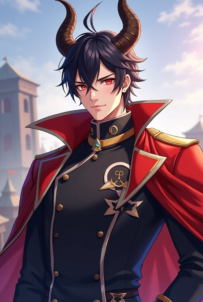 General of the Honkai star rail game with dragon horns a little more in the anime style, charismatic and handsome, the not so big horns