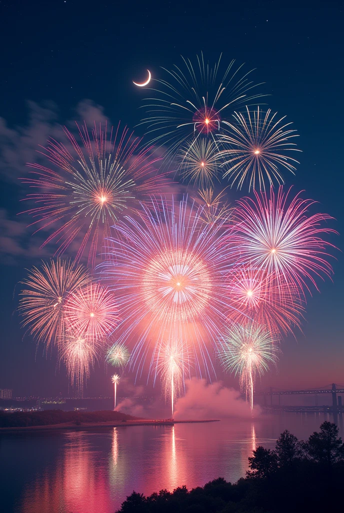 A horizontal composition of fireworks bursting into the night sky