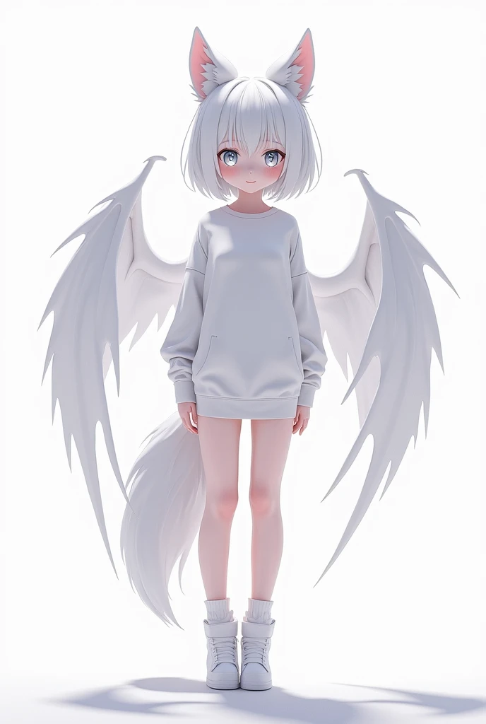 Create a coom white sweatshirt white eyes white wolf tail white bat wings short hair with bangs white wolf ears anime version