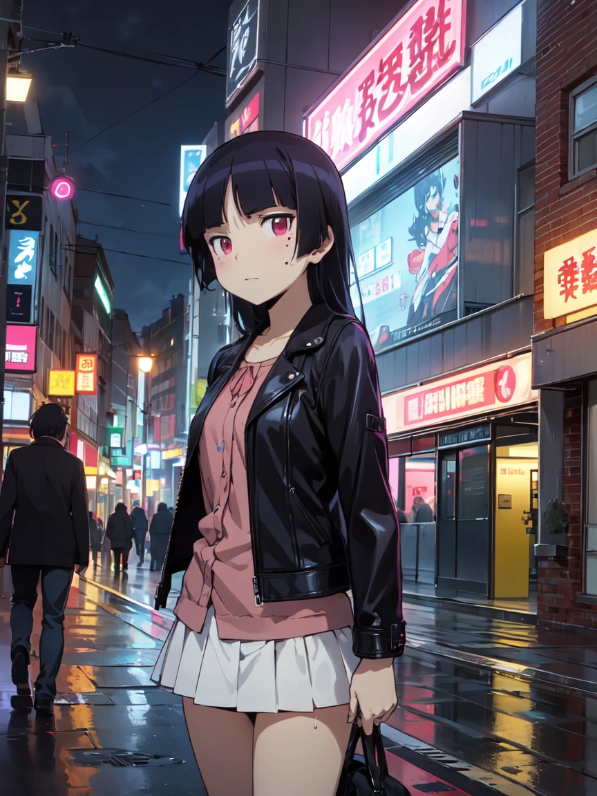 (ruri gokou), woman, alone, Hime cut, Mole under the eye, Red eyes, (Black Leather Jacket), Night City, neonライト, Graffiti wall,
after the rain, Wet asphalt reflecting light,
turn up one's jacket collar, Cool look,
Punk Style, Night City, neon, after the rain