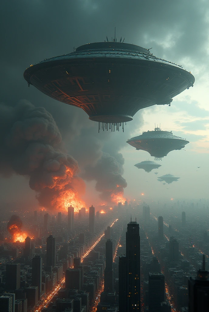 Create image of necromonger ships shooting black rays at earth, that explode with the force of nuclear weapons against human cities