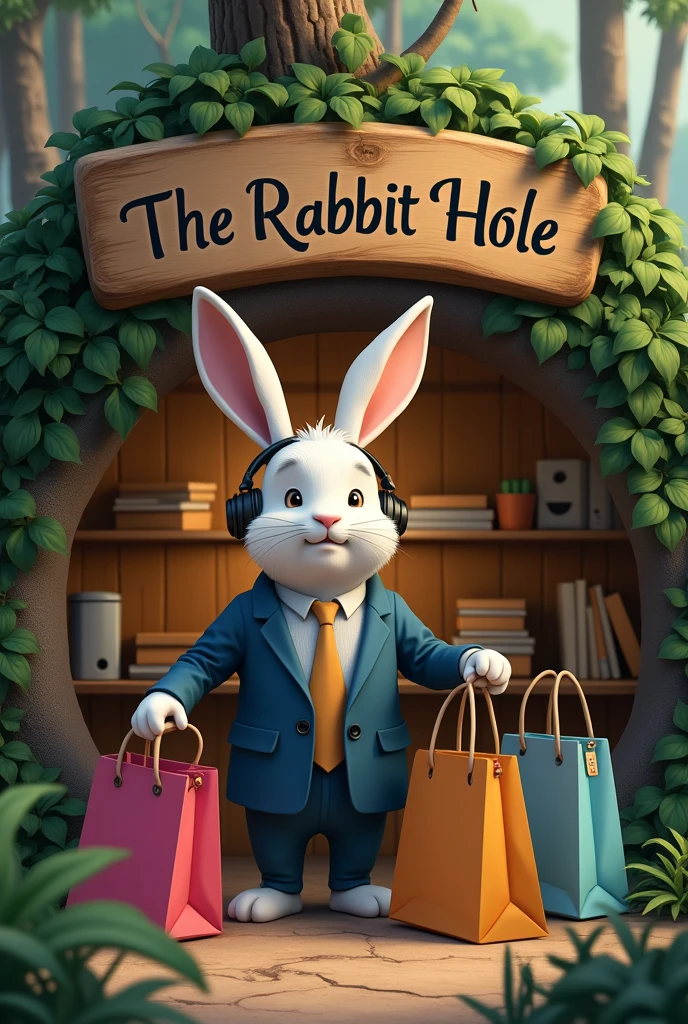 an image of a well dressed white adult male rabbit ,with headphones coming out of a den in the forest with shopping bags ,a sign at the entrance to the den as if it were a store saying "The Rabbit Hole" in Portuguese image for creating a digital store