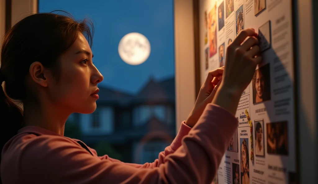 A close-up of a person pinning a vision board on a wall, with the full moon visible through a window behind them. The board should be filled with images and goals, and the person’s expression should reflect determination and excitement. The atmosphere should be motivational and goal-oriented. -ar 16:9