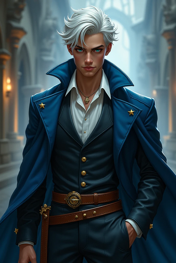 create a rogue from the world of D&D with medium white hair, blue colored eyes, young man around 20 years old, without any beard on the face, tall and slim, and super charismatic as characters like, jack sparrow, jose bezerra, deadpool, twisted fate