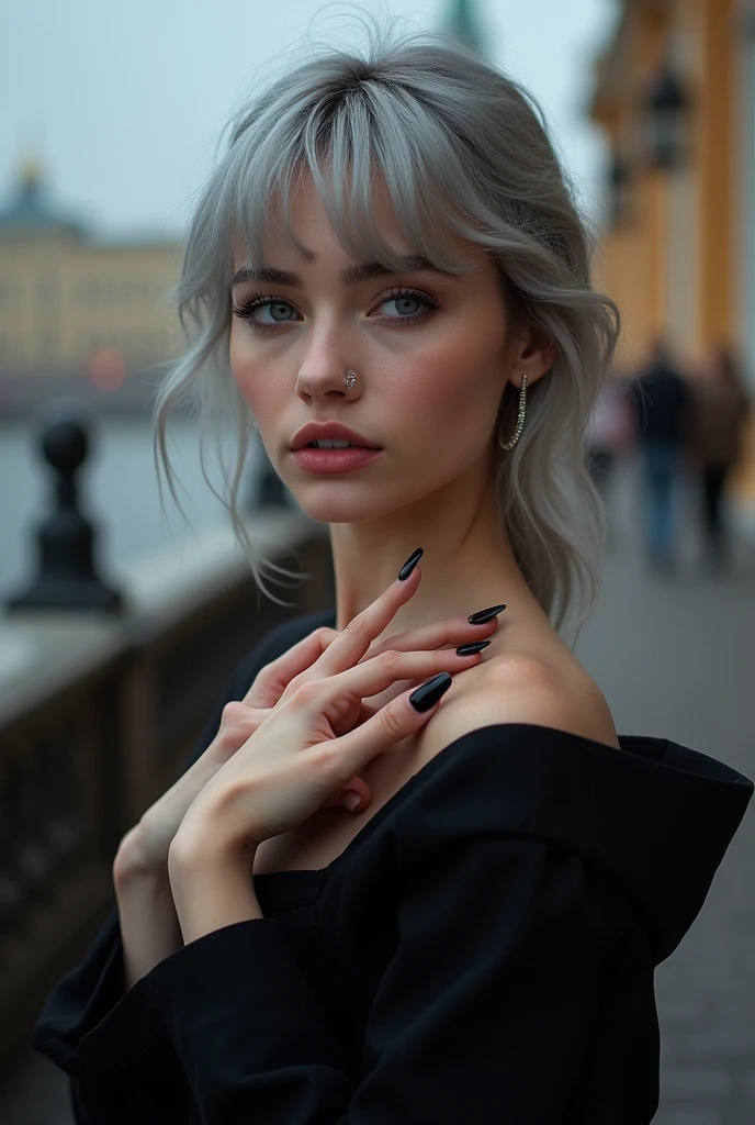Beautiful girl with white skin, light gray hair, with bright shining eyes, Shiny skin, Beautiful черный маникюр, Beautiful nails, pearl skin, In a black dress, beautifully detailed fingers, professional photo, 4K, a high resolution, high detail, aesthetically pleasing, Beautiful, realistic, looks straight, beautiful long black nails, Against the backdrop of St. Petersburg
