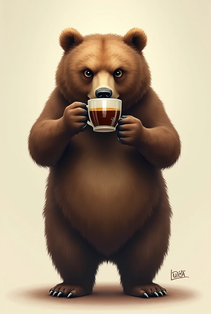 create a drawing of a brown bear drinking coffee without a bottom